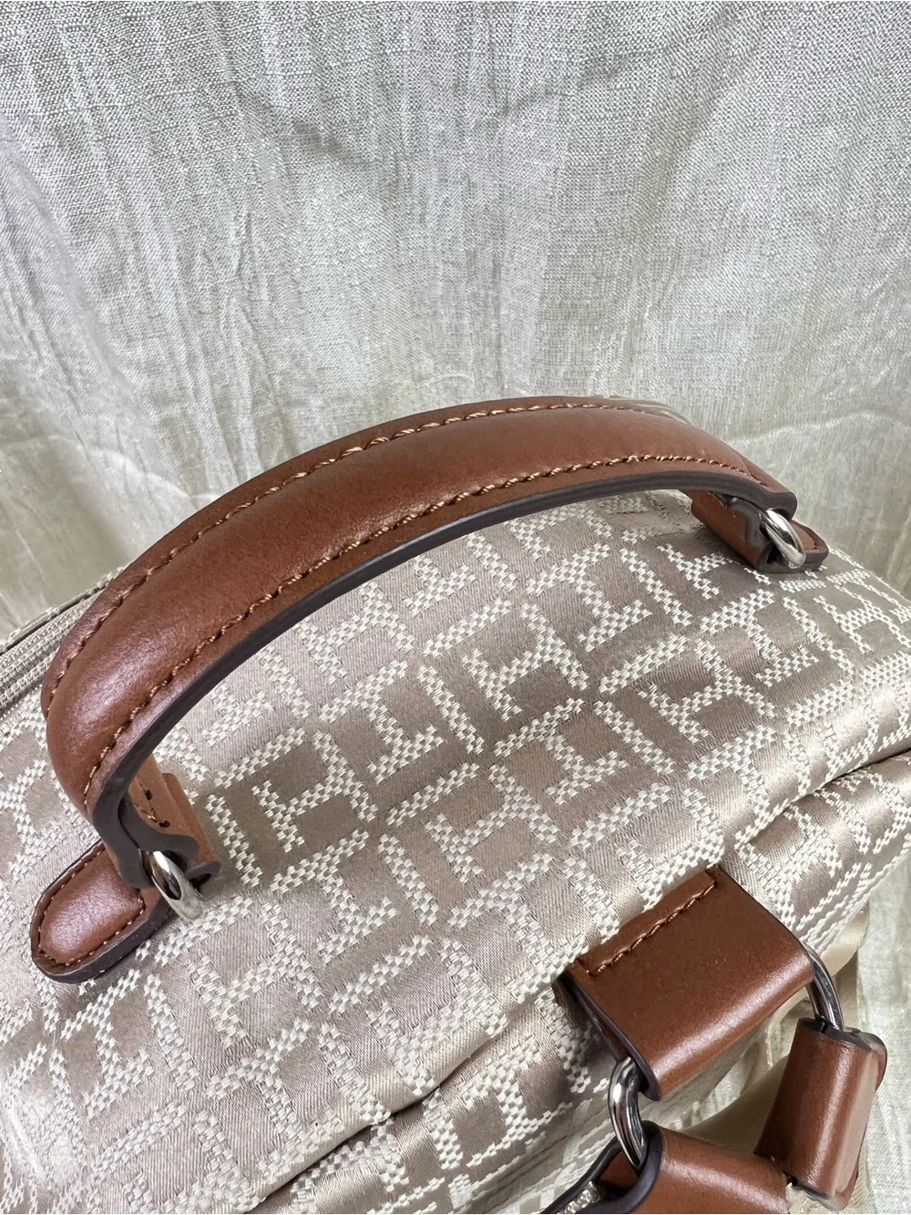 Tommy Hilfiger TH Monogram Backpack Beige Brown Logo Travel Laptop Book Bag